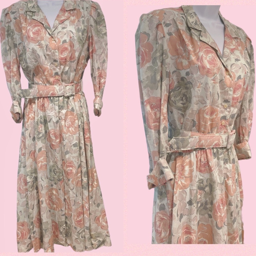 1980s does 40s Stuart Alan Pastel Floral Dress & Belt Rayon Blend M/L